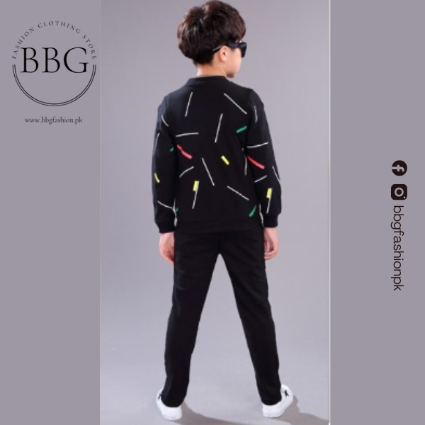 Kids Black Printed Zipper with Warm Black Trouser (3 Piece ) BBG