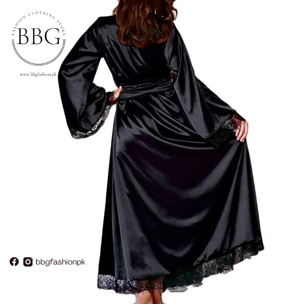 Women Black Silk Night Gown 3 piece