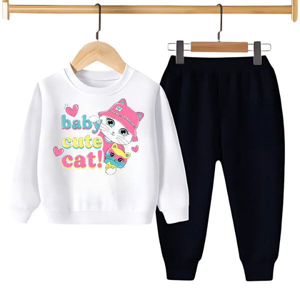 BABY CUTE CAT PRINTED SWEATSHIRT SET