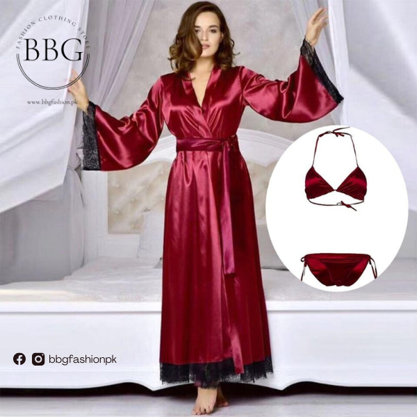 Women Red Silk Night Gown 3 piece – BBG FASHION CLOTHING STORE
