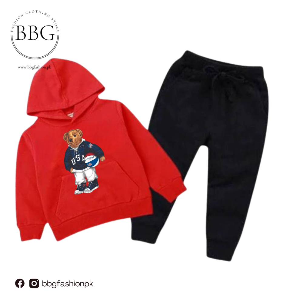 Football Bear Printed Kids Hoodie Set