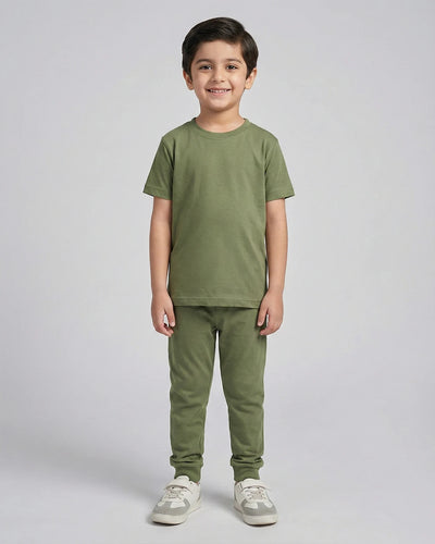 Kids Olive Green Cotton T-Shirt & Trouser Set