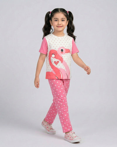 Girls' Flamingo Heart Print Top & Flared Pants Set