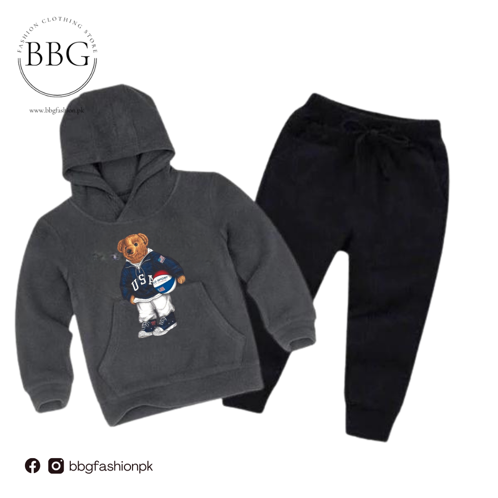 Football Bear Printed Kids Hoodie Set