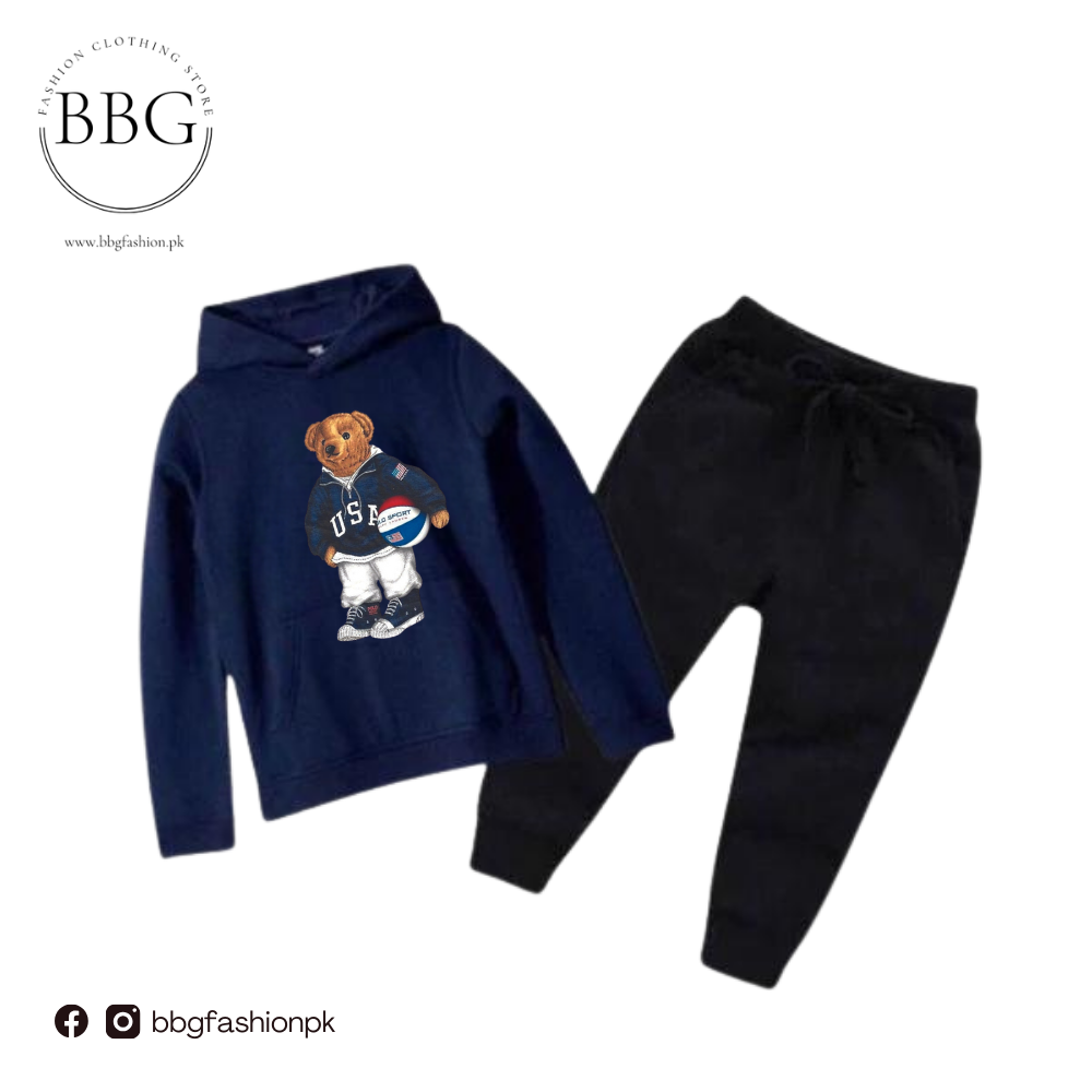 Football Bear Printed Kids Hoodie Set