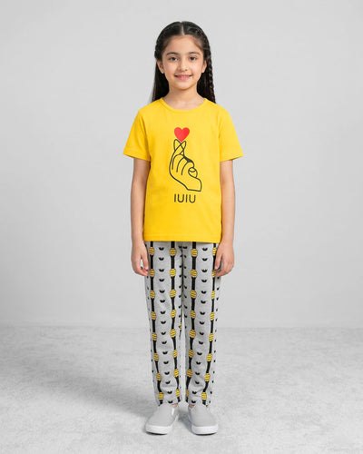 Kids Yellow Heart Print Night Suit