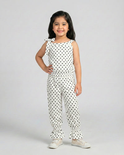 Girls White Polka Dot Sleeveless Jumpsuit