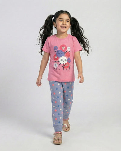 Girls' Cute Cat & Flower Print Pajama Set - Short Sleeve