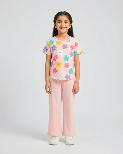 Blossom Breeze Girls Floral Top & Pink Flare Pants Set