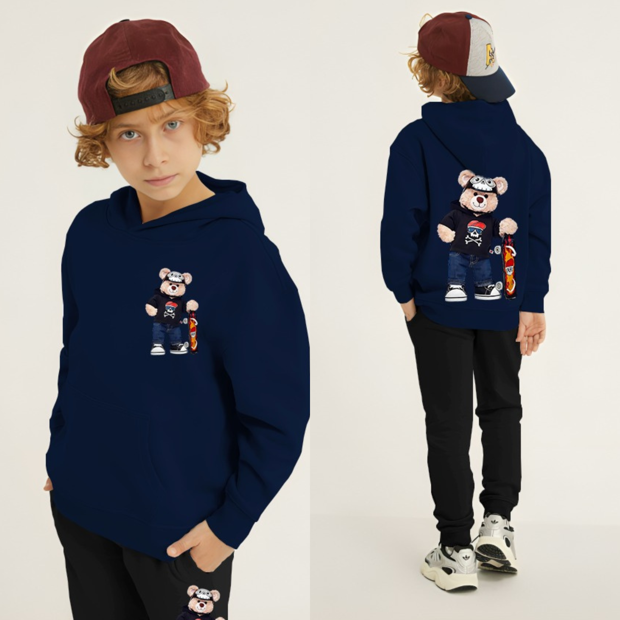 Bear Skateboard Printed Kids Hoodie Set