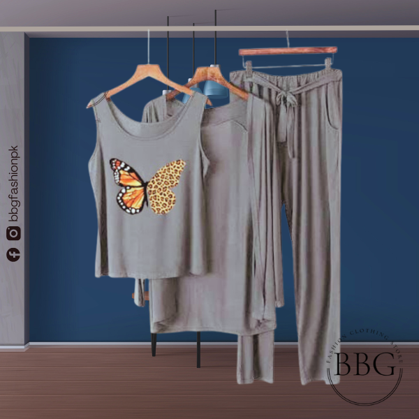 Grey Orange Butterfly Women Night Suit PJ 3 Pieces Set