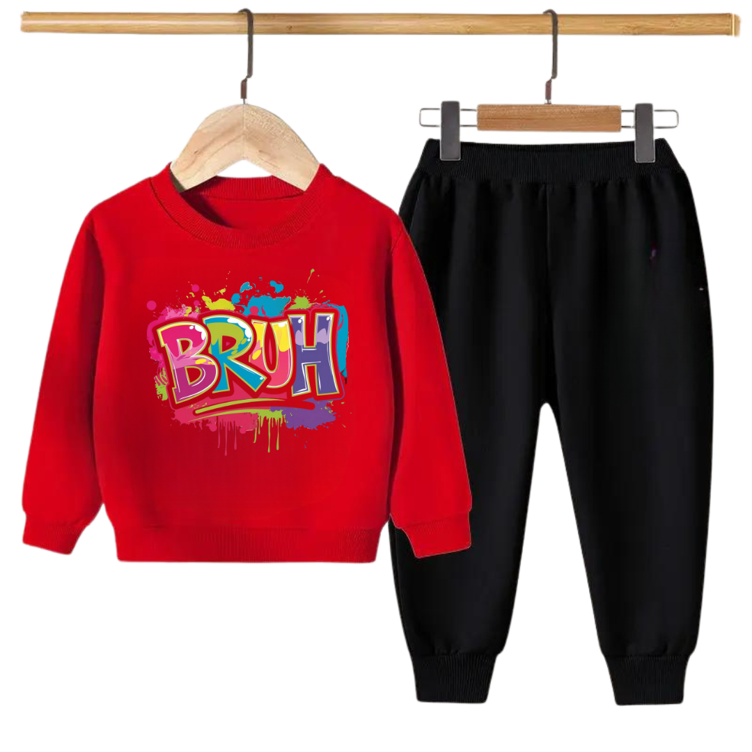 BRUH Graffiti Print Kids Sweatshirt & Jogger Set – Winter Tracksuit for Boys & Girls