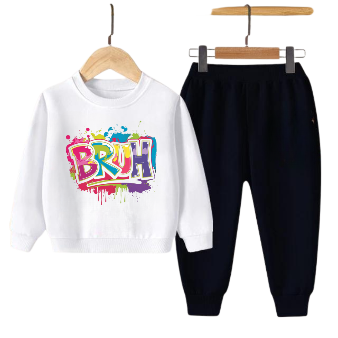 BRUH Graffiti Print Kids Sweatshirt & Jogger Set – Winter Tracksuit for Boys & Girls