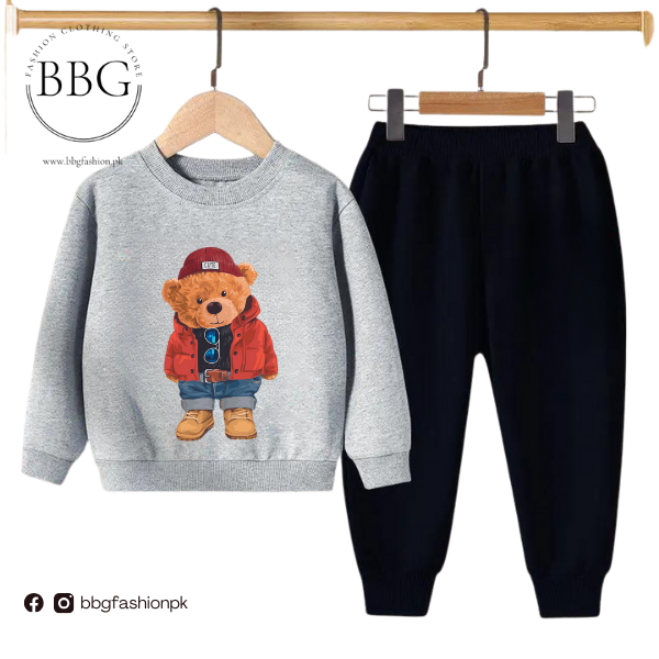 Grey Cute Bear Kids Sweatshirt & Pant