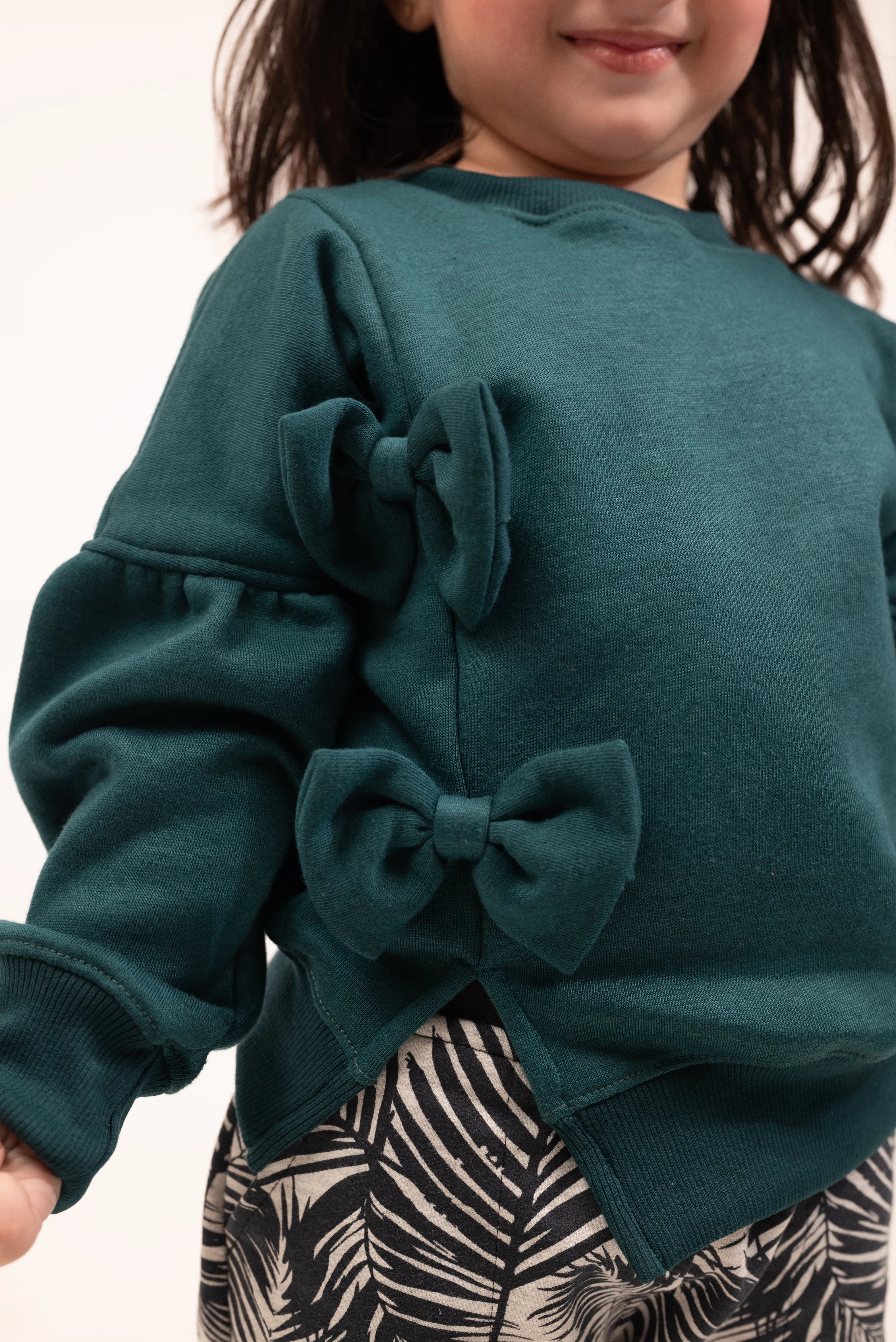 Girls Bow Sweatshirt & Leaf Print Jogger Set