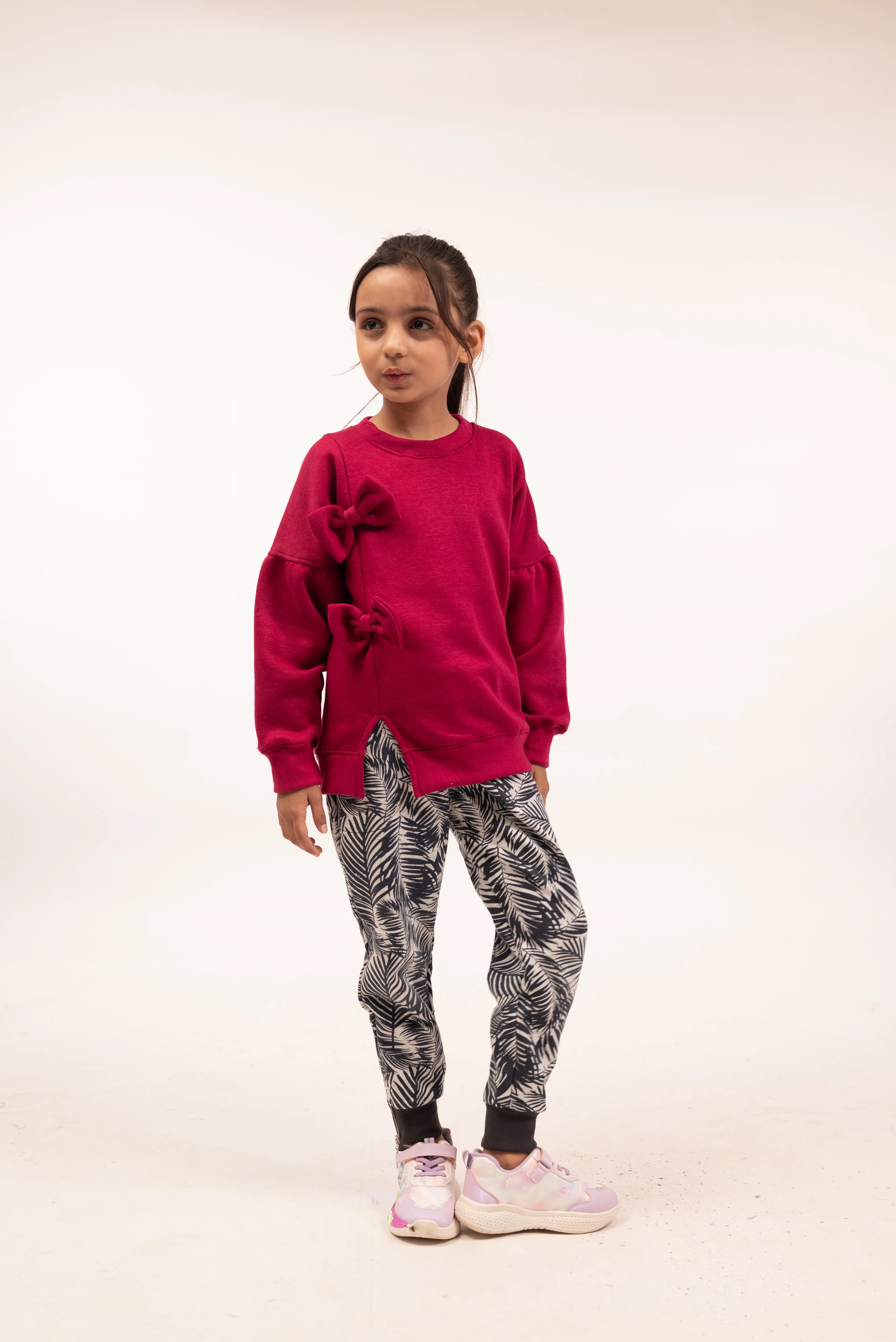 Girls Bow Sweatshirt & Leaf Print Jogger Set
