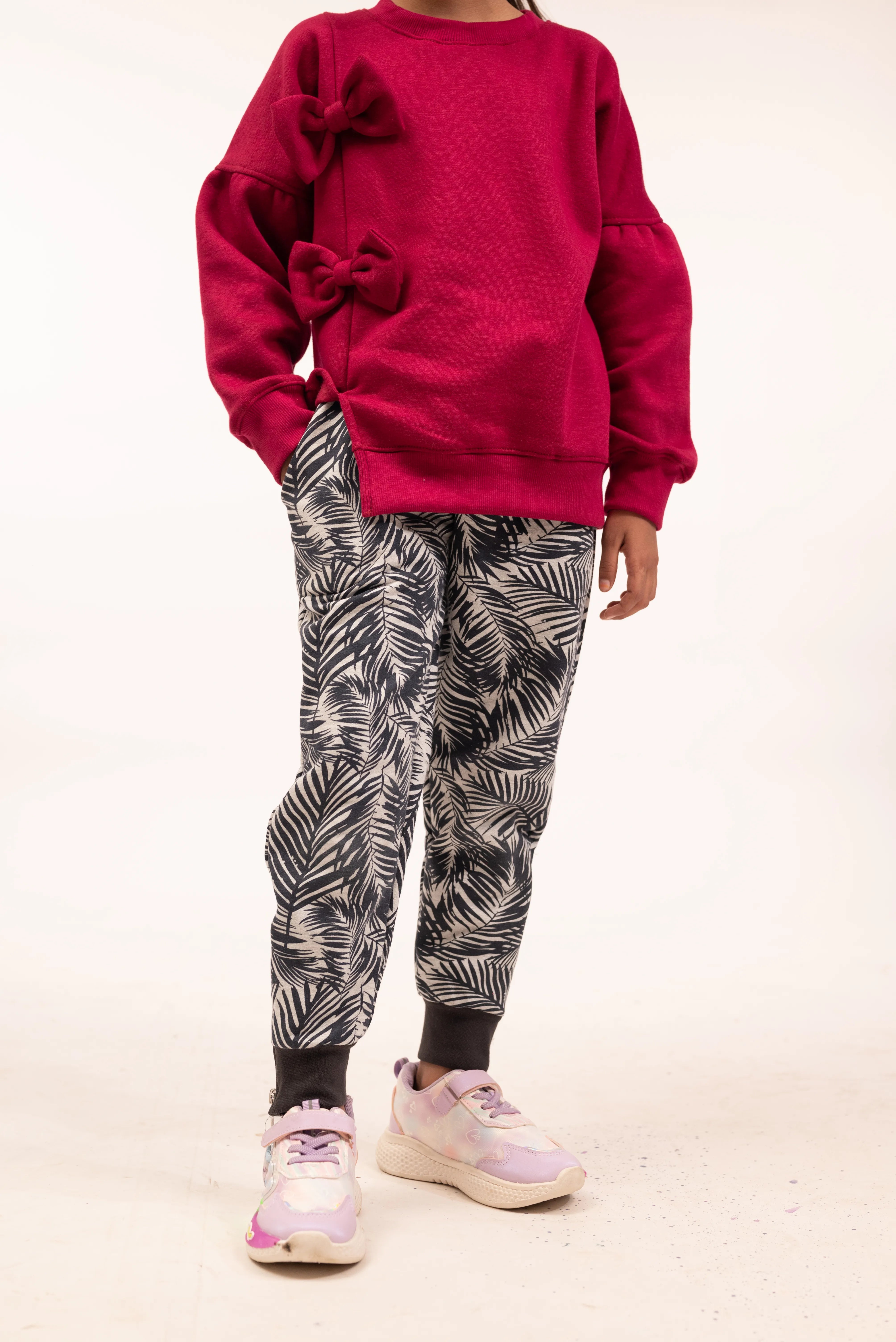 Girls Bow Sweatshirt & Leaf Print Jogger Set
