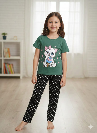 Sweet Kitty Ice Cream Girls Pajama Set – Green & Black