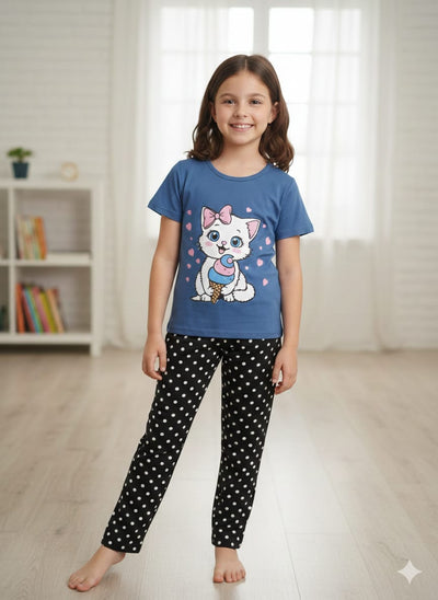 Sweet Kitty Ice Cream Girls Pajama Set – Blue & Black