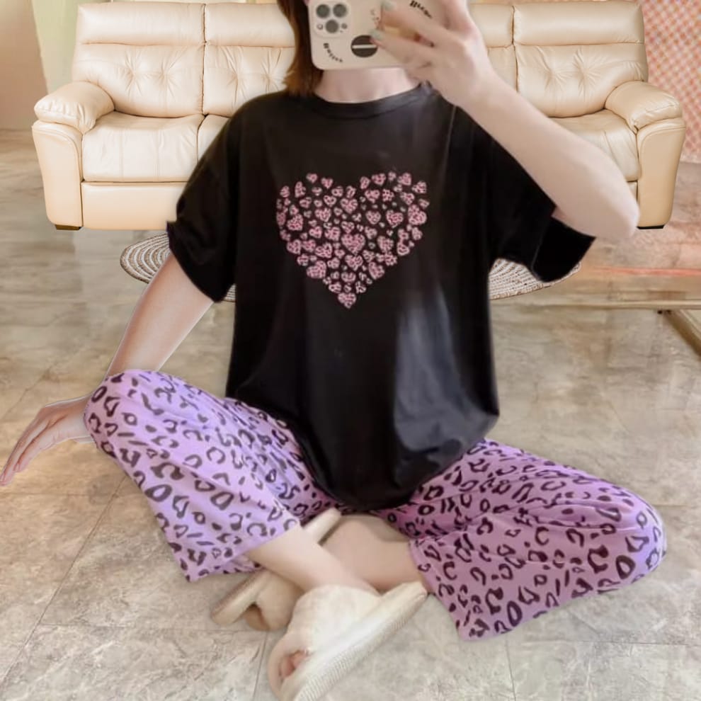 purple Heart With Cheetah Printed Trouser Pajama Set