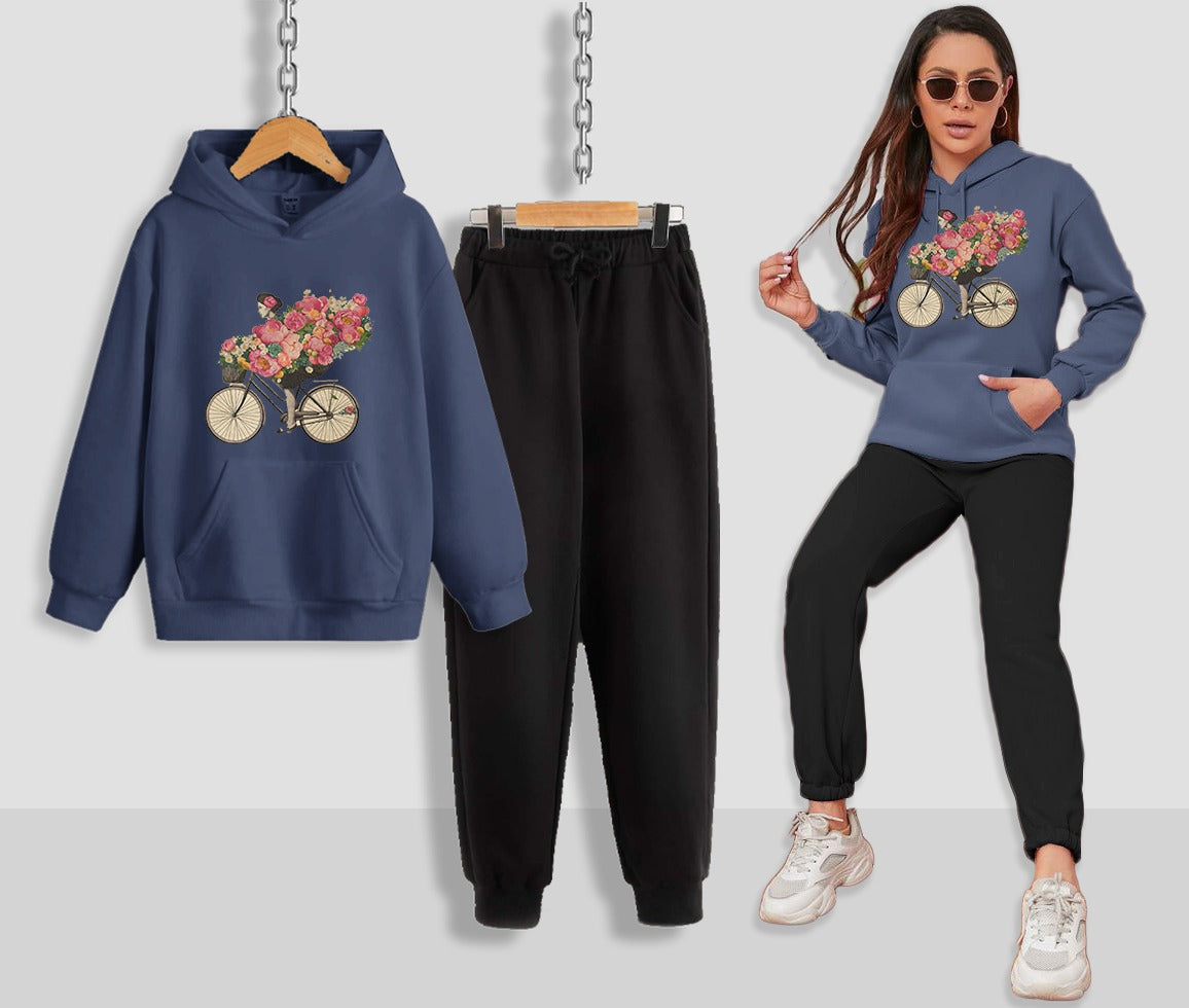 Floral Bicycle Printed Women Hoodie Set