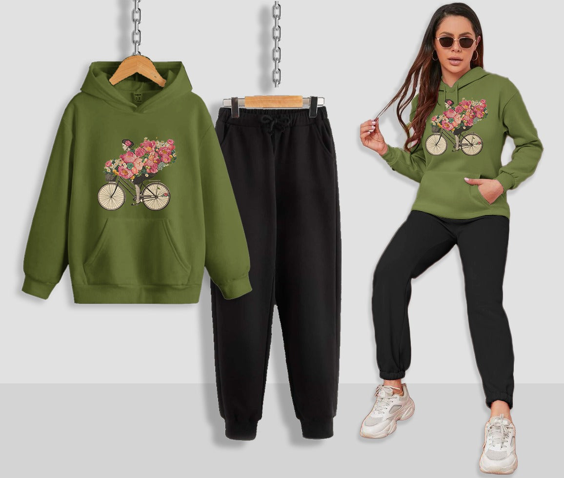 Floral Bicycle Printed Women Hoodie Set