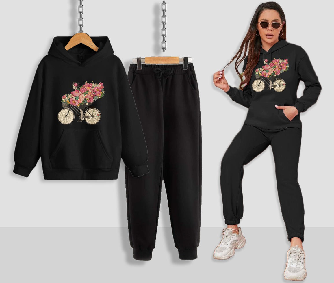 Floral Bicycle Printed Women Hoodie Set