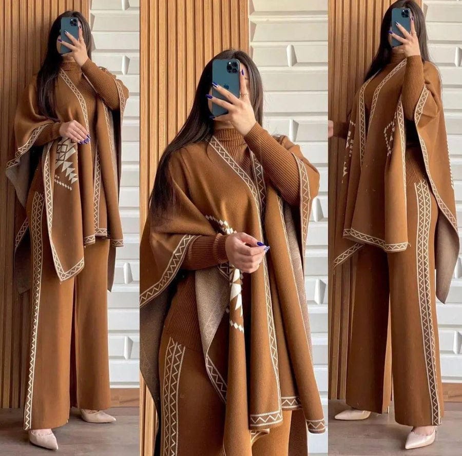 Winter 3 Piece Cape Shawl High Neck & Trouser For Women