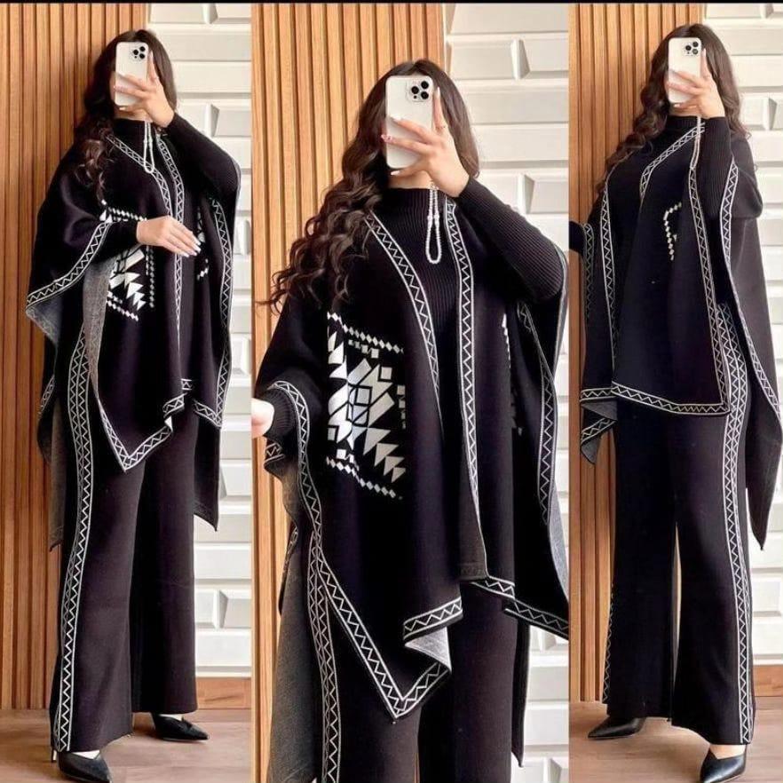 Winter 3 Piece Cape Shawl High Neck & Trouser For Women