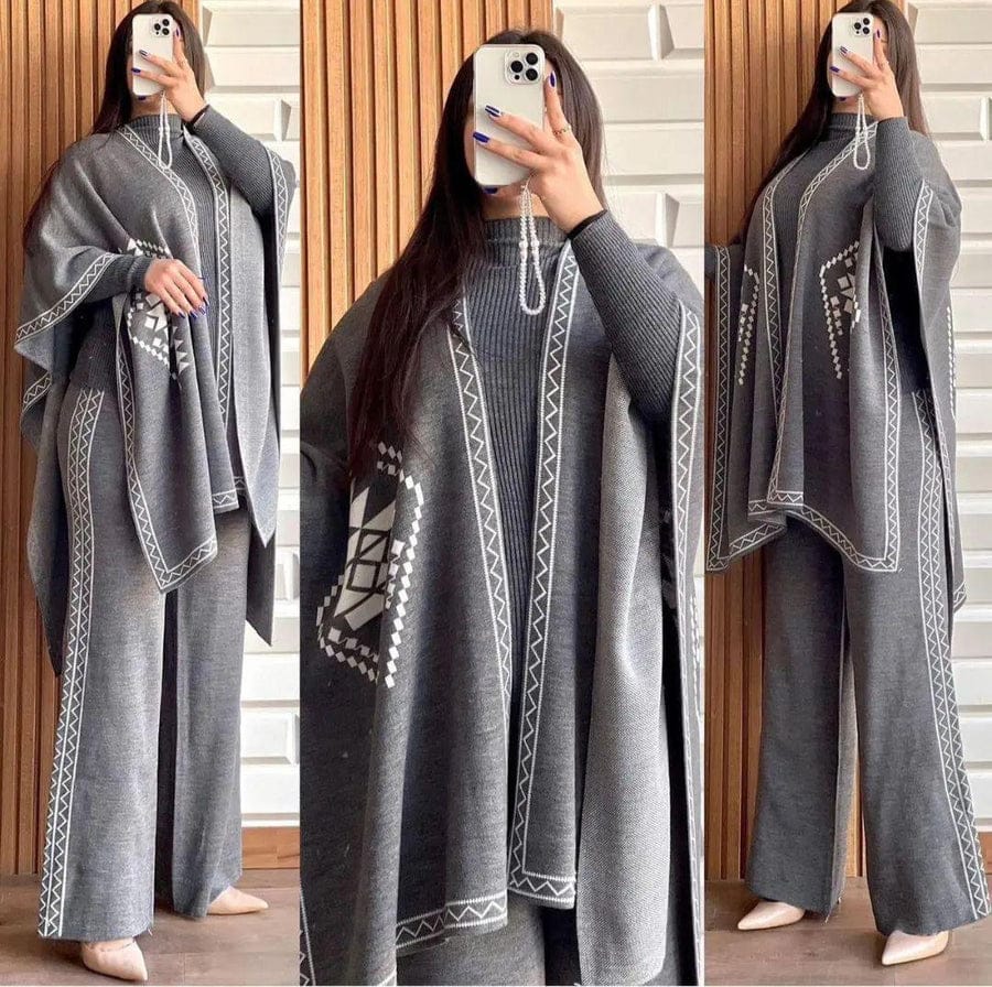 Winter 3 Piece Cape Shawl High Neck & Trouser For Women