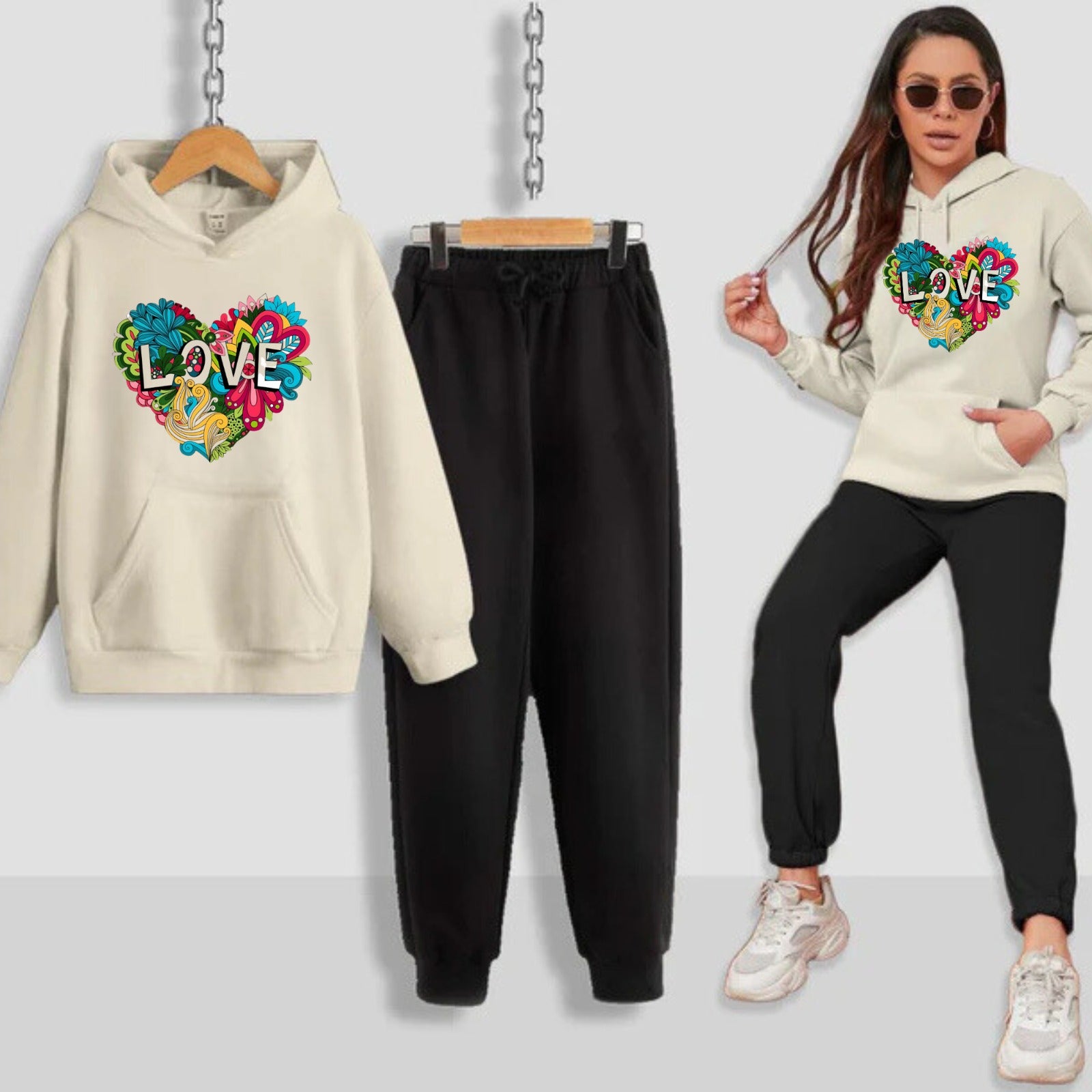 Colourful Love Printed Women Hoodie Set