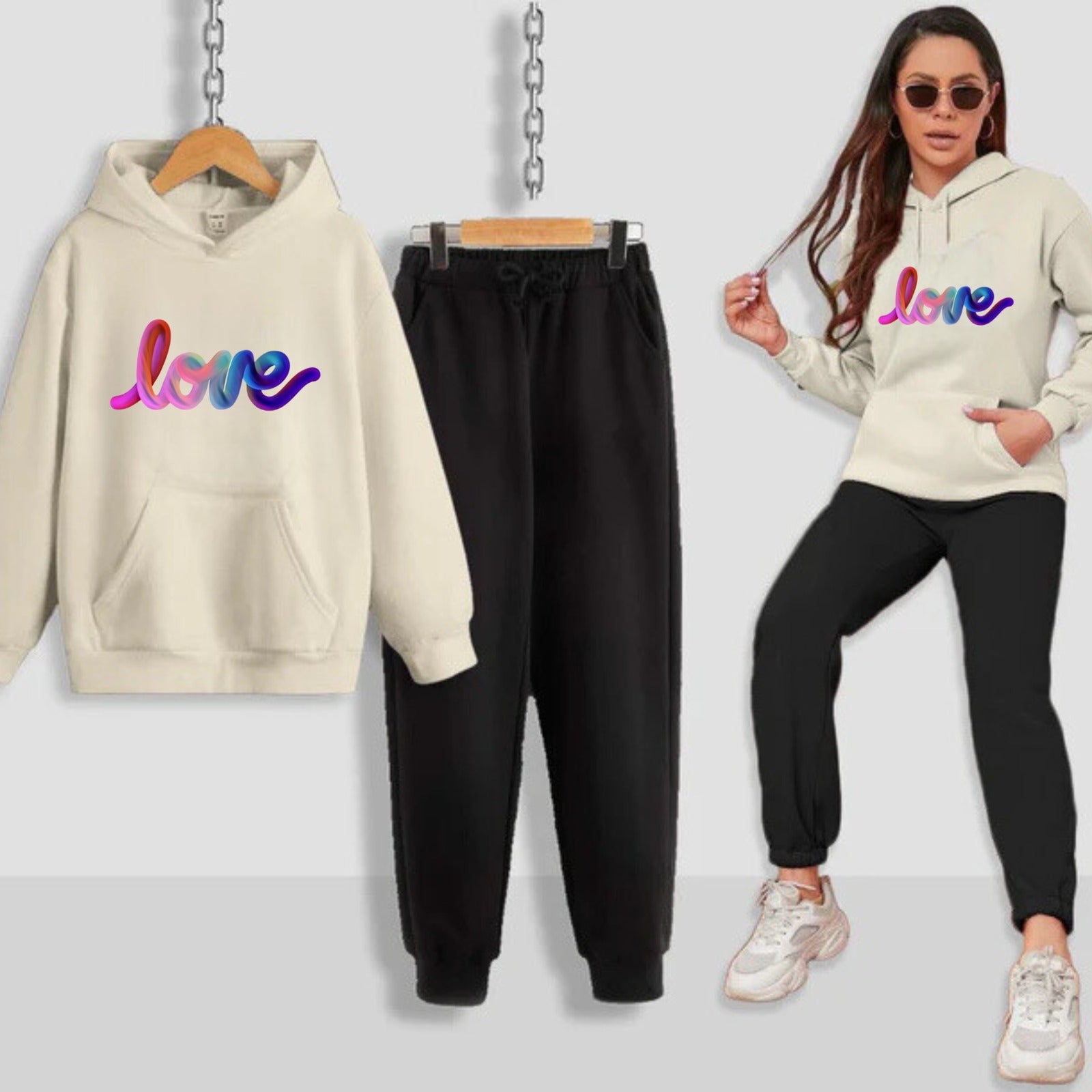 Multi Love Printed Women Hoodie Set