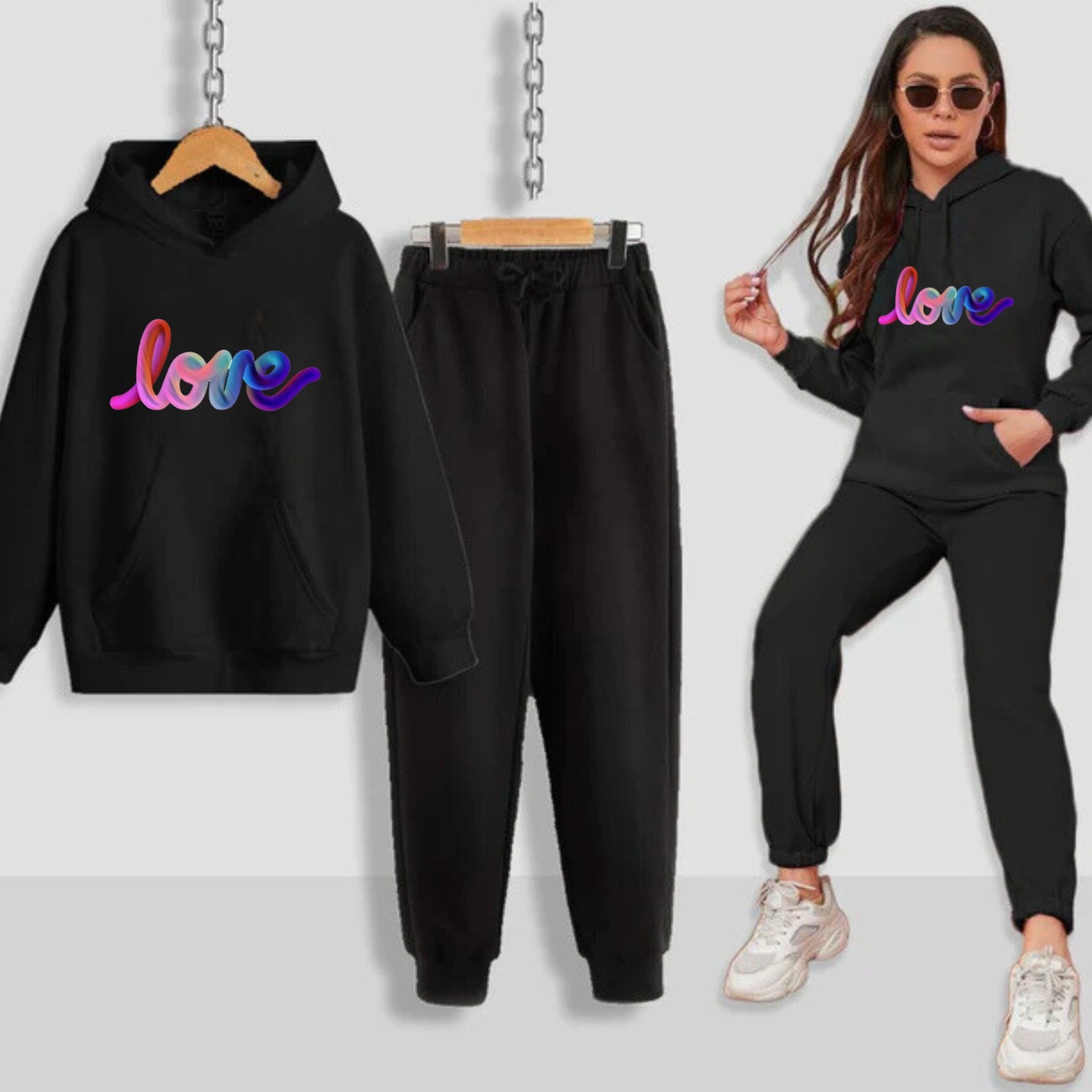 Multi Love Printed Women Hoodie Set