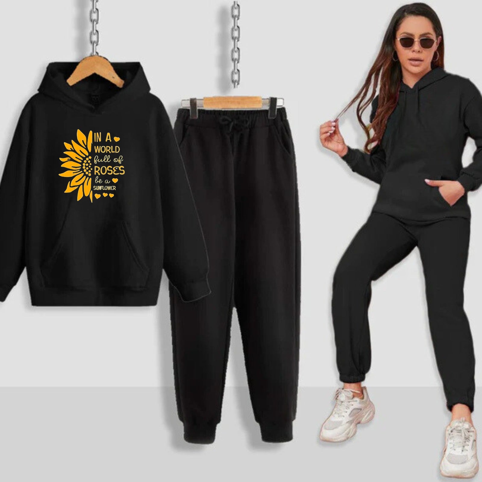 Sun Flower Printed Women Hoodie Set