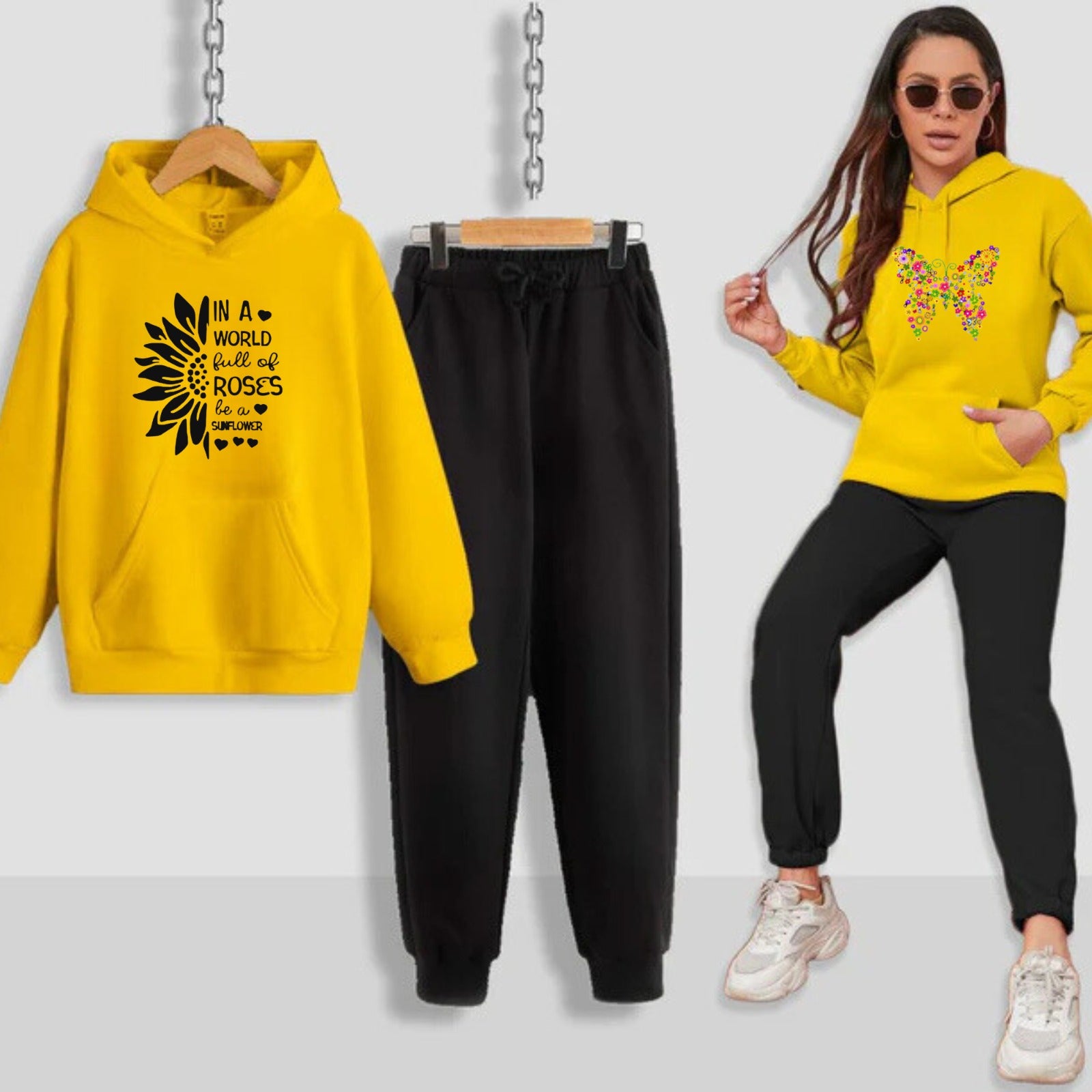 Sun Flower Printed Women Hoodie Set