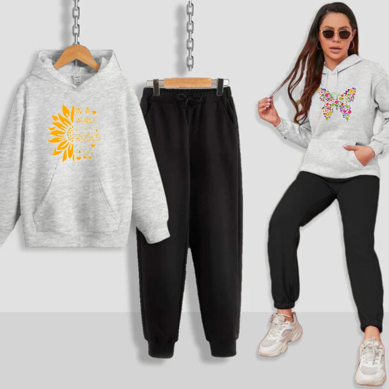 Sun Flower Printed Women Hoodie Set