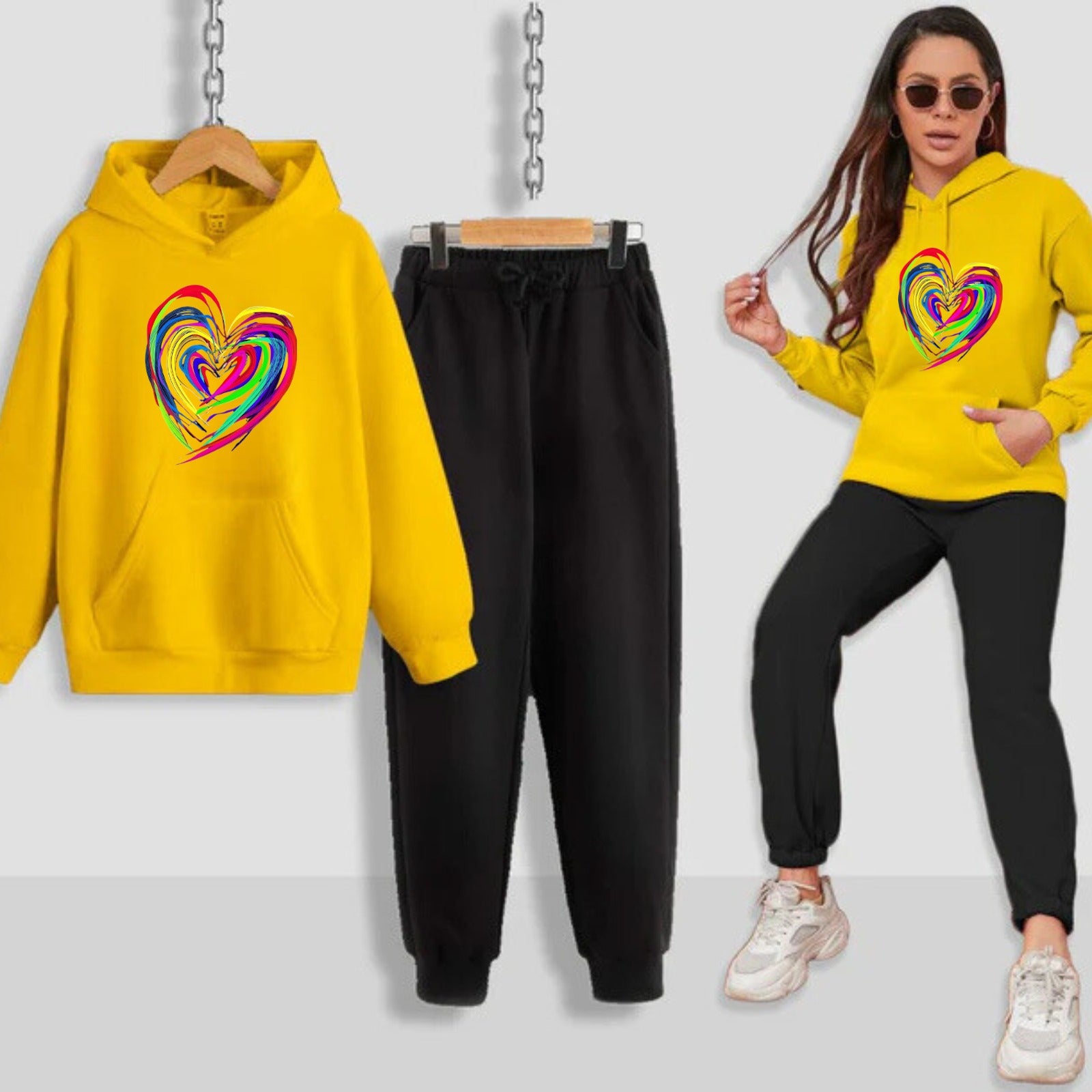 Neon Heart Printed Women Hoodie Set