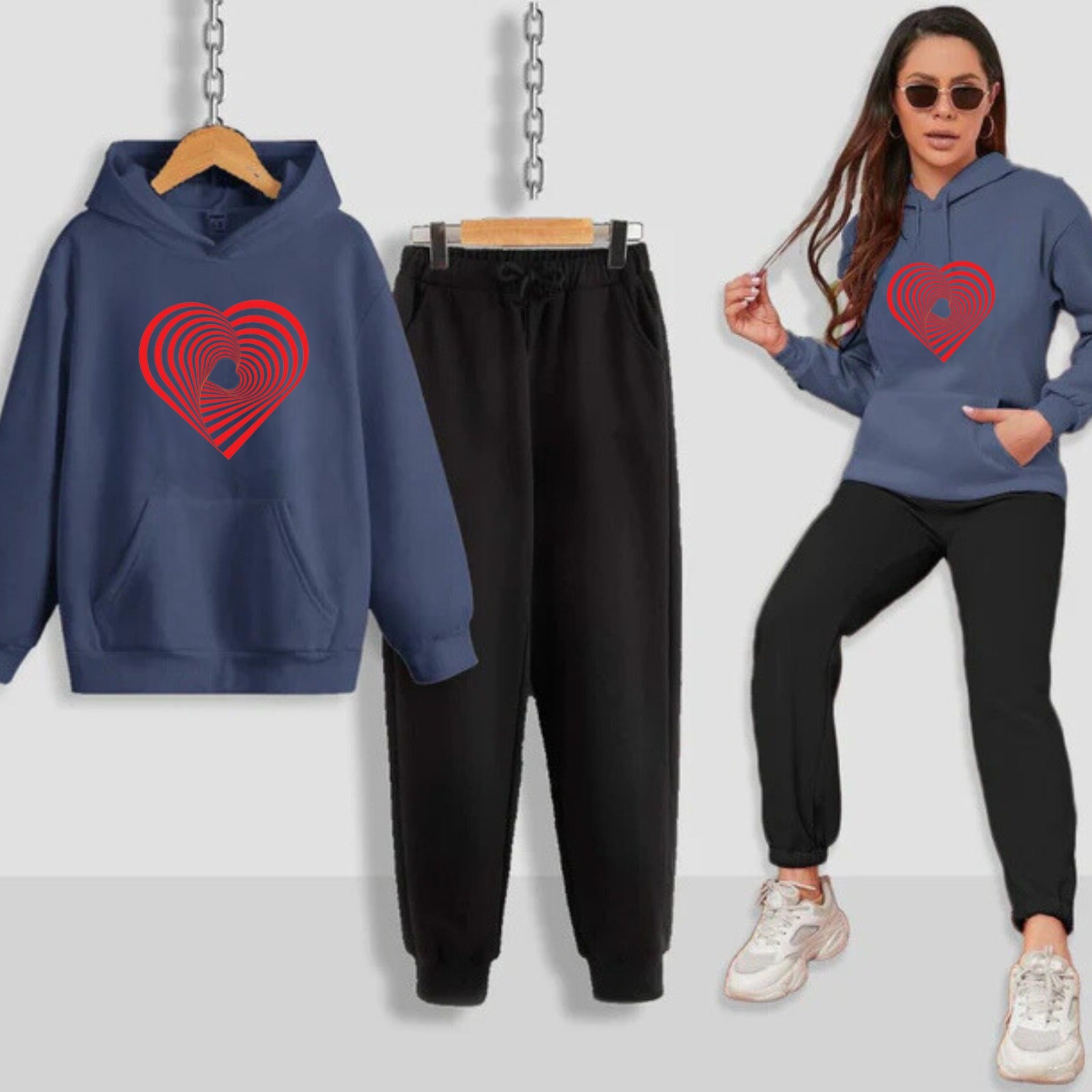 Geometrical Heart Printed Women Hoodie Set