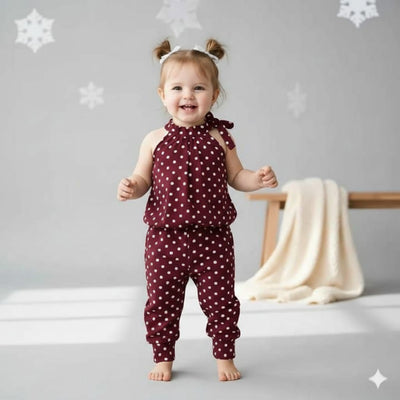 Girls Maroon Polka Dot Sleeveless Jumpsuit