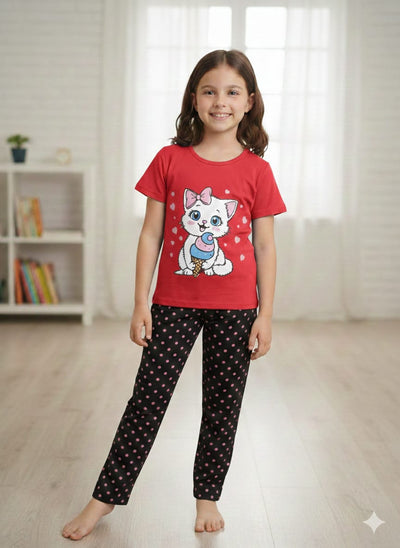 Sweet Kitty Ice Cream Girls Pajama Set – Red & Black