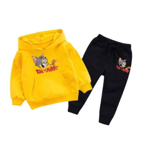 Yellow Tom And Jerry Printed Kids Hoodie Set