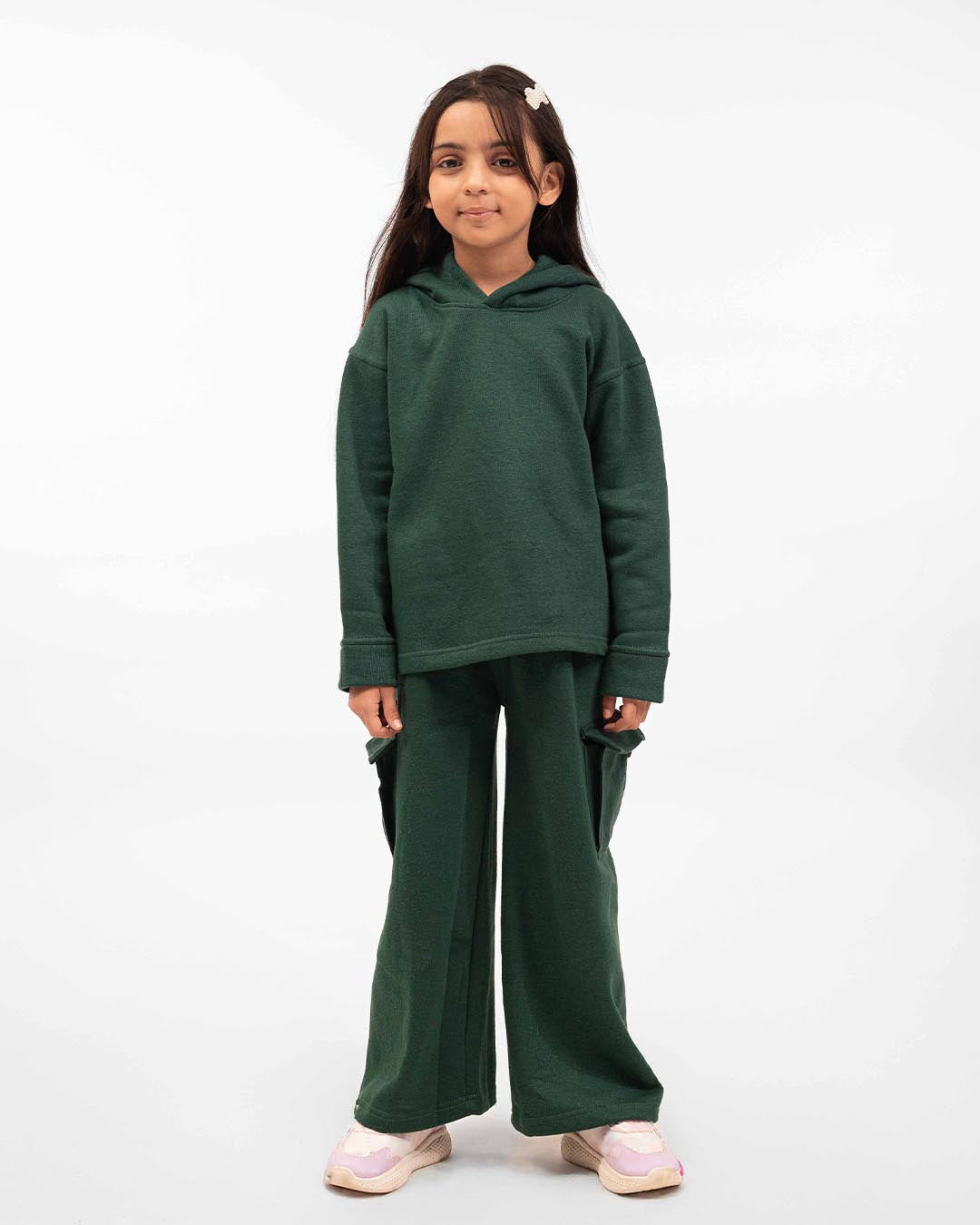 Kids Premium Fleece Cargo Hoodie & Wide-Leg Trouser Set – Forest Green