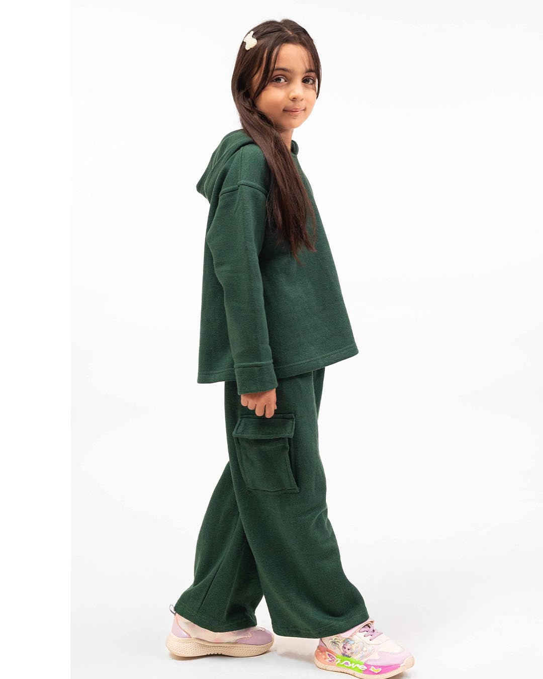 Kids Premium Fleece Cargo Hoodie & Wide-Leg Trouser Set – Forest Green