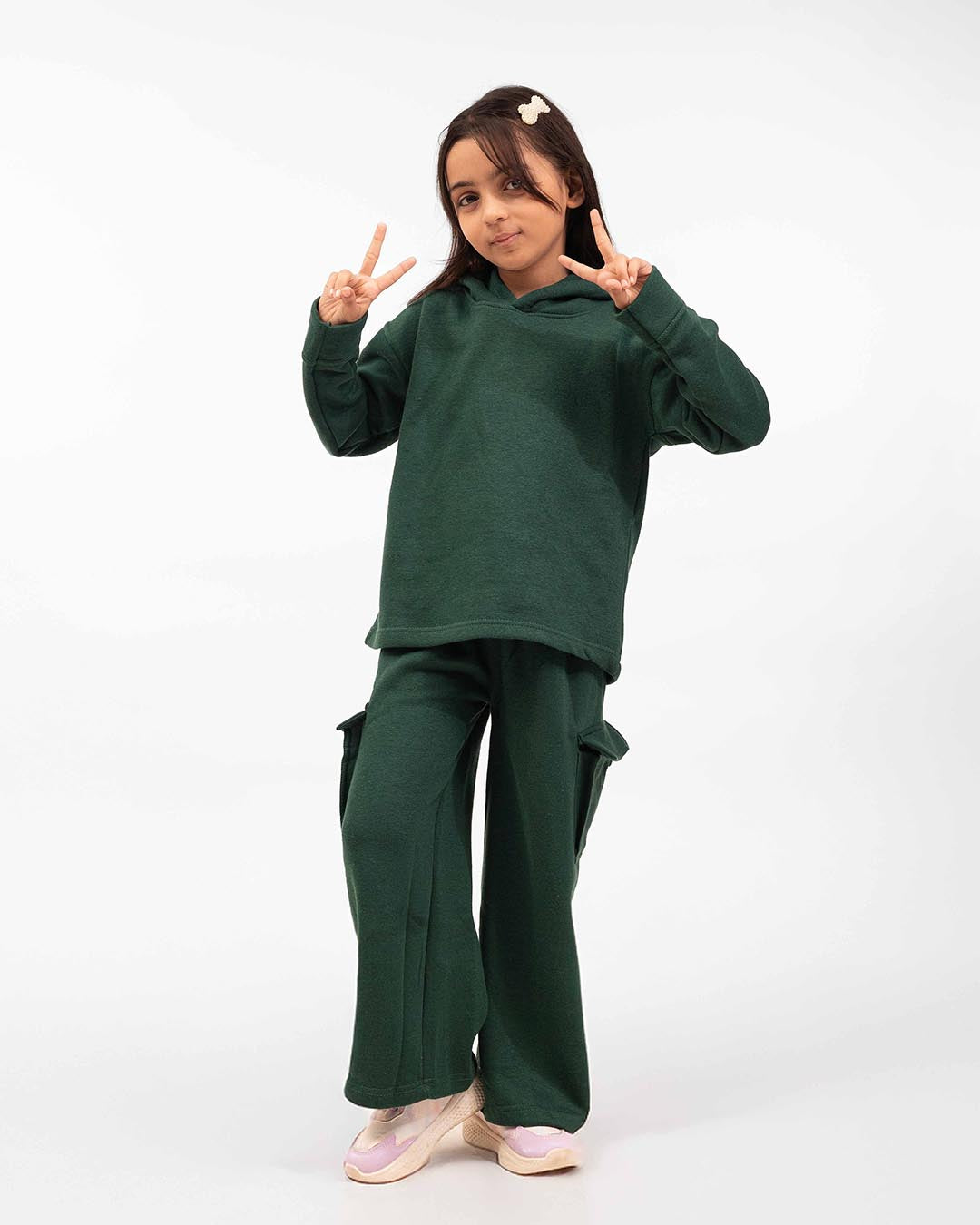 Kids Premium Fleece Cargo Hoodie & Wide-Leg Trouser Set – Forest Green