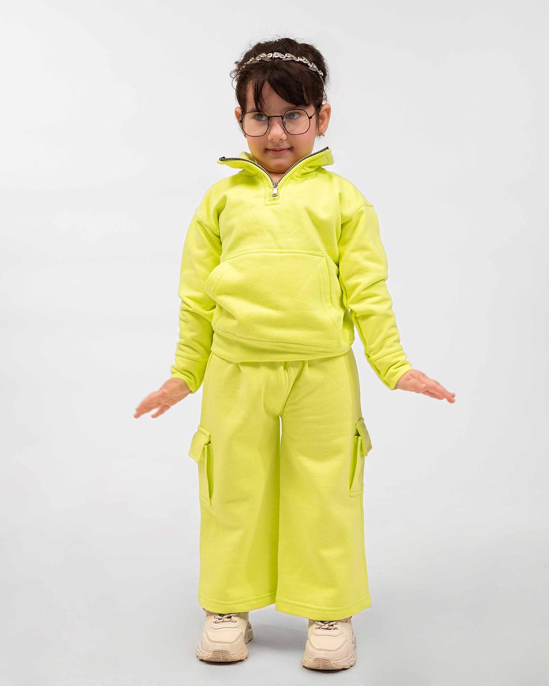 Kids Neon Yellow Fleece Cargo Tracksuit
