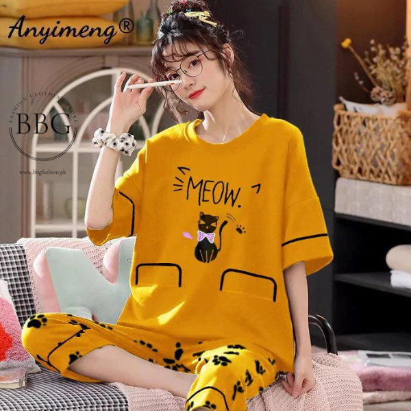 Yellow Meow Printed PJ Nightsuit