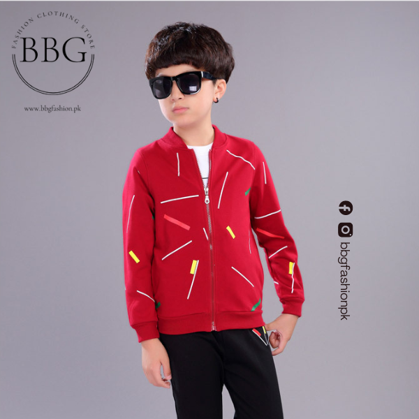 Kids Red Printed Zipper with Warm Black Trouser ( 3 Piece )