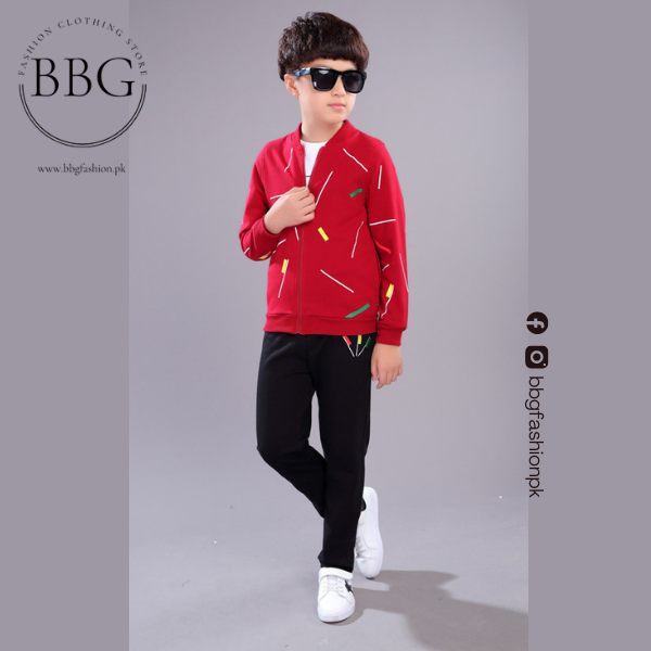 Kids Red Printed Zipper with Warm Black Trouser ( 3 Piece )