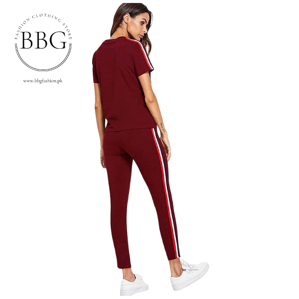 Red and White Striped Tracksuit Tape Tee & Leggings Pants Set for Women
