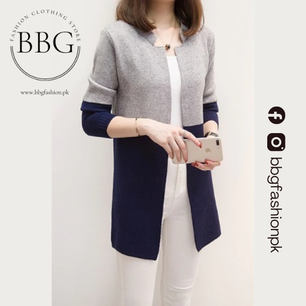 Blue Contrast Long Sleeve Fashion Cardigan Sweater